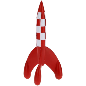 Eine kleine PVC-Rakete, 8,5 cm hoch, inspiriert von der ikonischen rot-weiß karierten Rakete aus der Comicserie Tim und Struppi. Das Design zeigt eine spitze Nase und drei Flossen und fängt den klassischen Look aus den Abenteuern von Tim und Struppi ein.